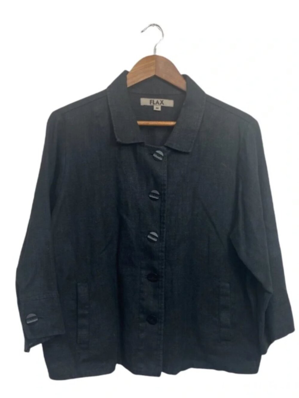 FLAX Black Linen Jacket Button Up with pockets womens size 18